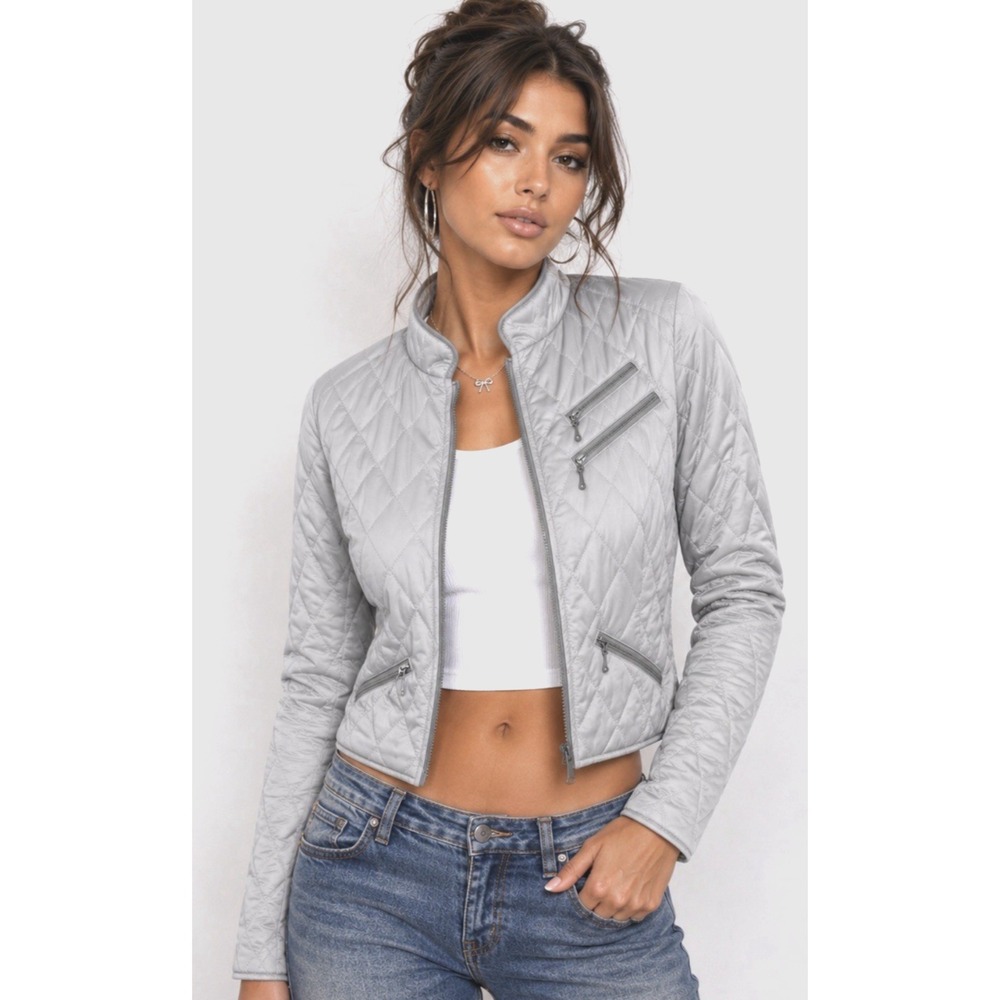Y2K Express Womens Quilted Satin Moto Zip Jacket Size 6 Edgy Retro‎ Silver Gray